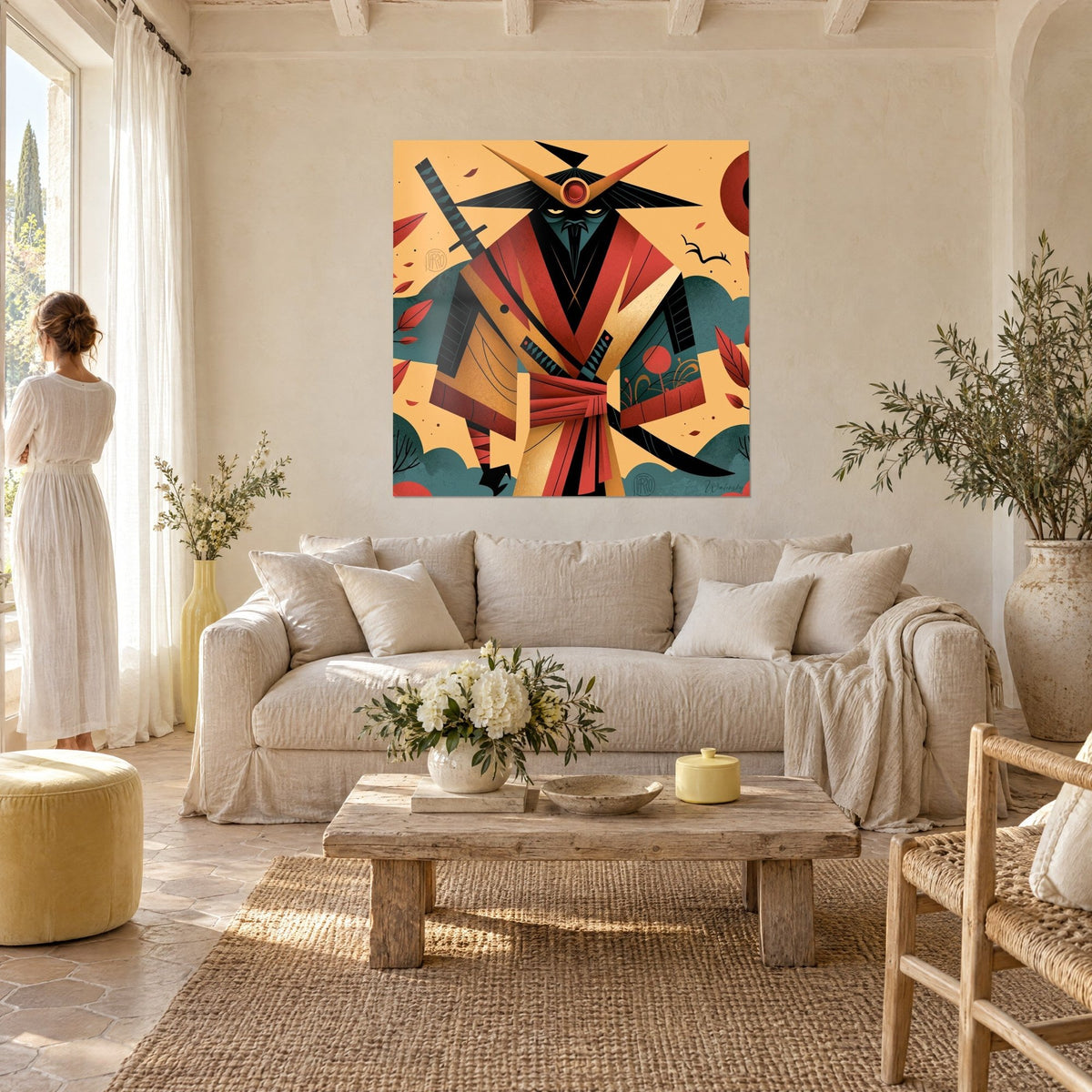Schilderij samoerai met rood en okerkleurige gehoornde helm, gekruiste zwaarden op zandkleurige achtergrond, een vrouw van achteren, boven een bank in een lichte woonkamer