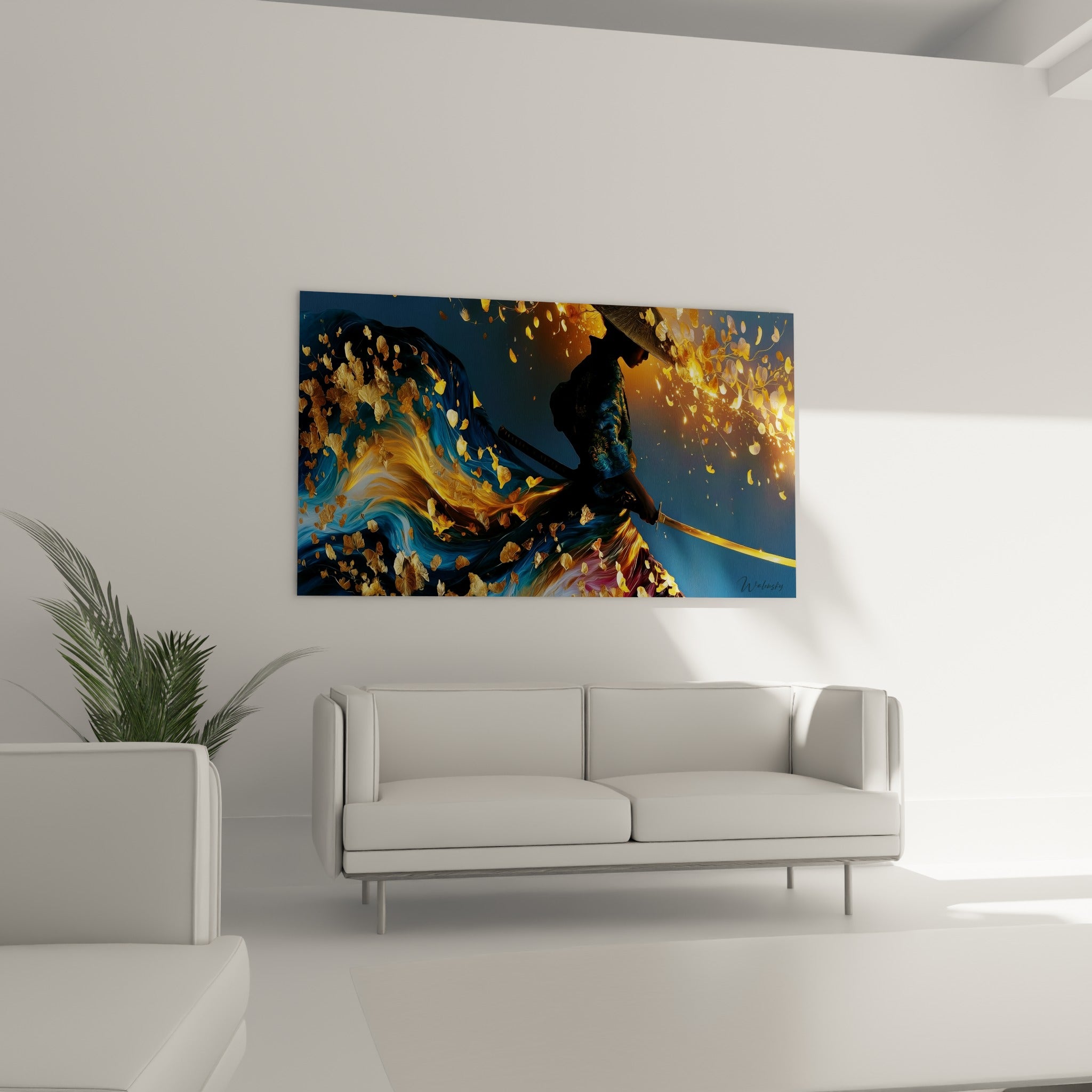 Silhouette du samouraï au sabre doré et kimono bleu-vert, au-dessus d'un canapé dans un salon lumineux