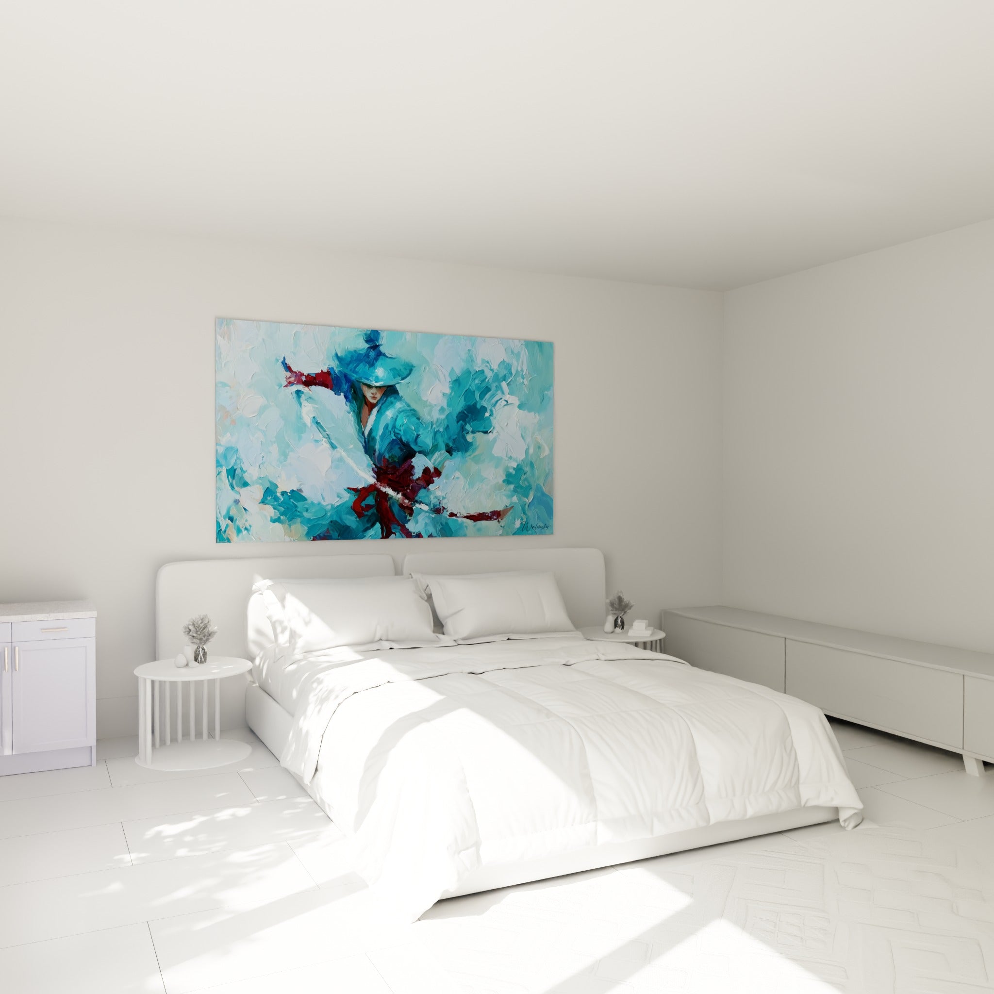 Samouraï brandissant son sabre dans des tons turquoise et bordeaux, au-dessus d'un lit dans une chambre claire