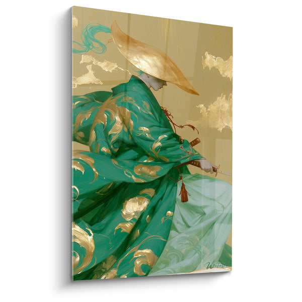 Tableau Guerrier kimono vert et doré à mèche turquoise - Fourreau à pompon rouge - Edition Samouraï