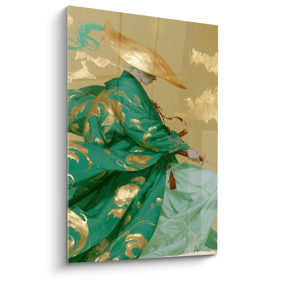 Tableau Guerrier kimono vert et doré à mèche turquoise - Fourreau à pompon rouge - Edition Samouraï