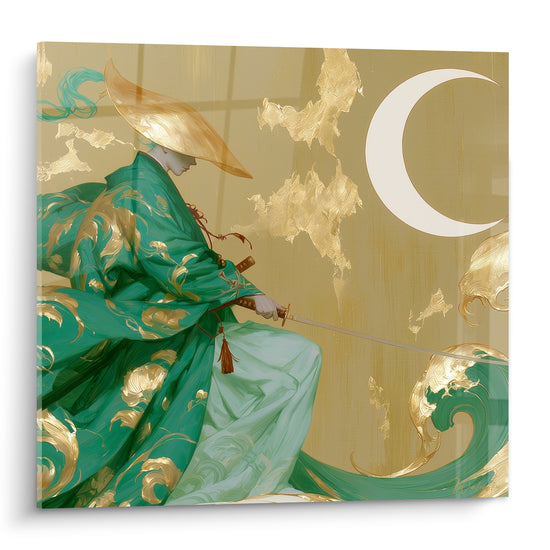 Samouraï en kimono vert émeraude et or, sabre dégainé sous un croissant de lune ivoire