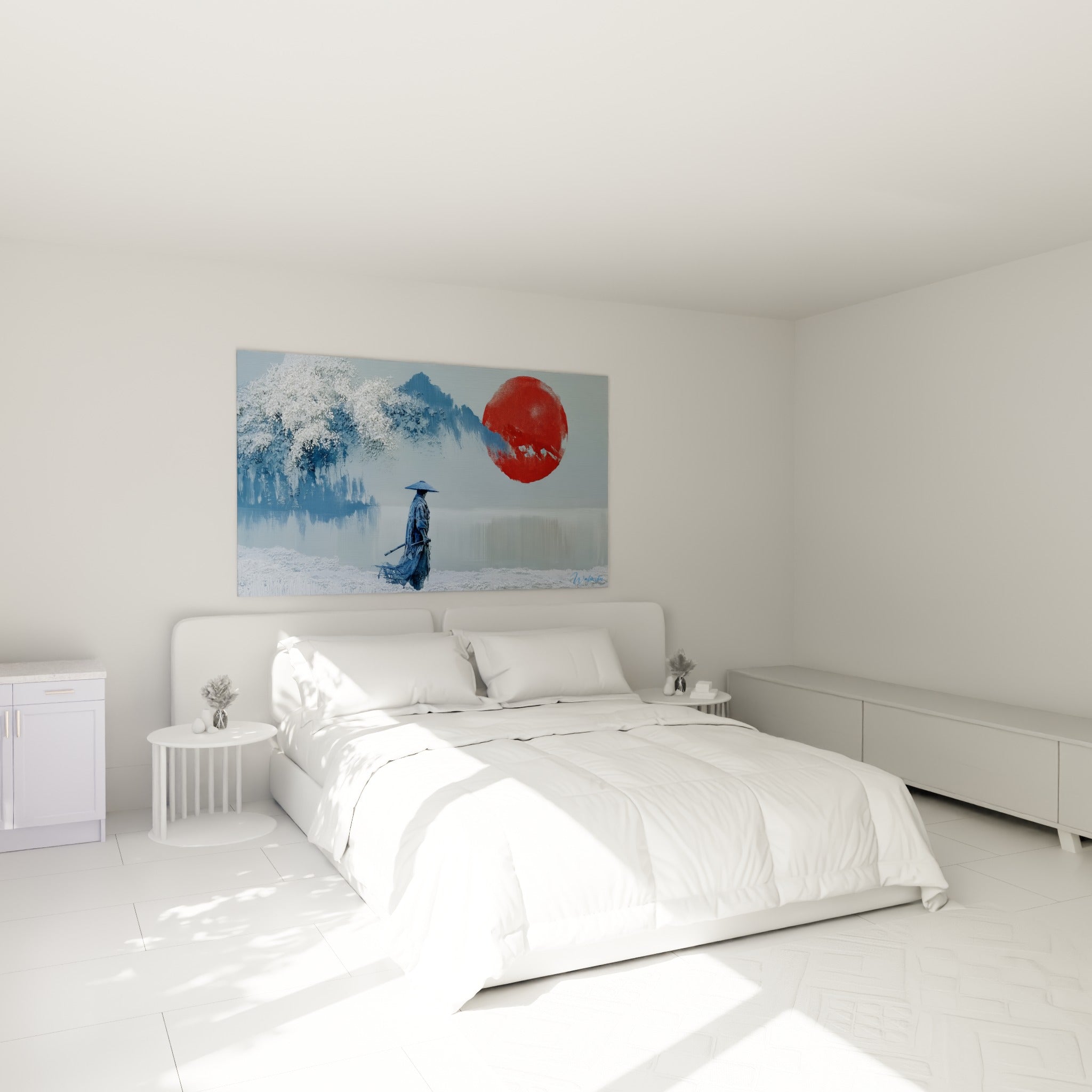 Guerrier vêtu de bleu glacé contemplant un disque rouge, accroché au-dessus d'un lit dans une chambre claire