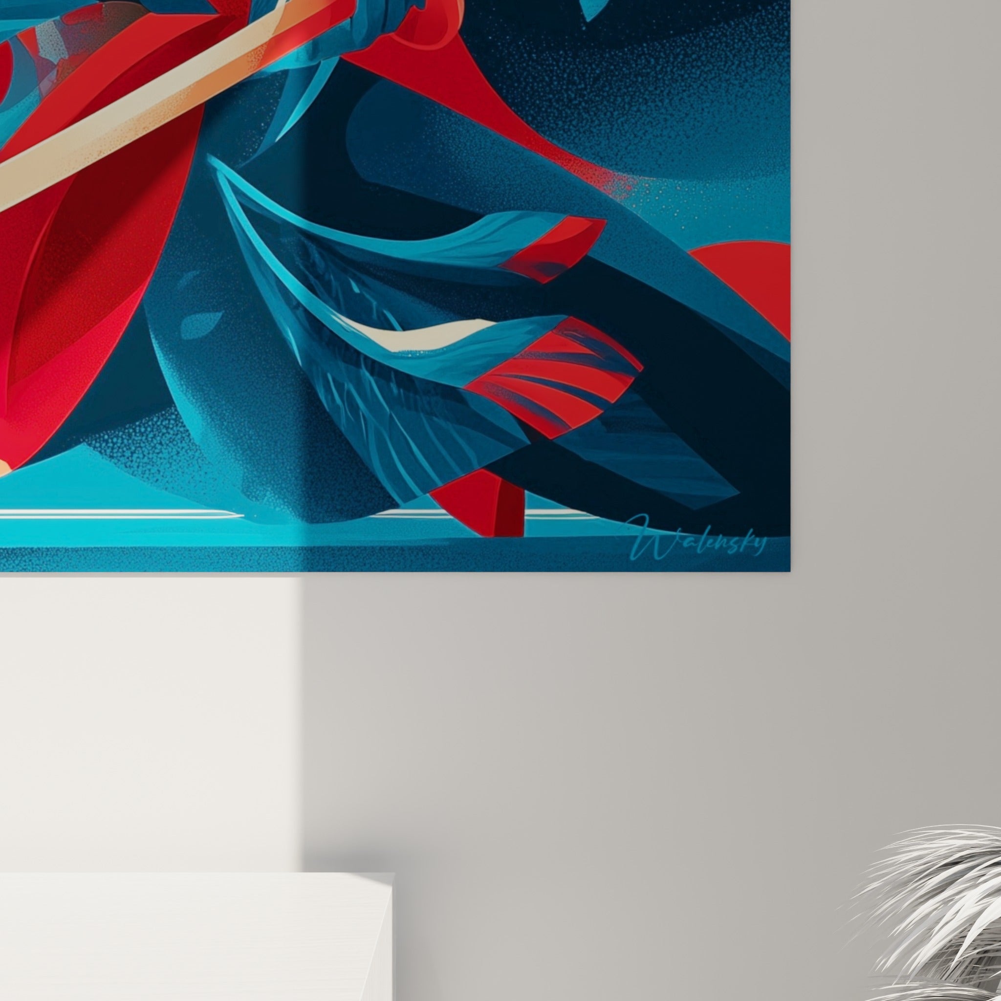 Lame dorée et plis du kimono bleu du Samouraï, grain de peinture visible, touches rouges et blanches mêlées