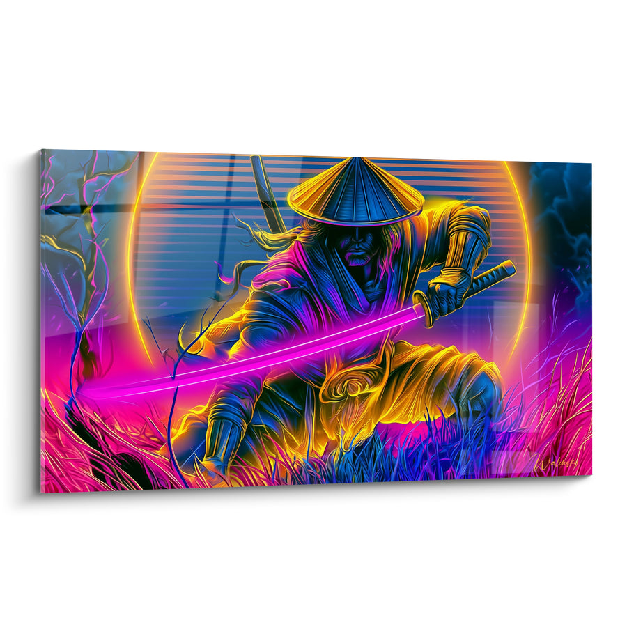 Tableau Guerrier chapeau conique lame fuchsia lumineuse - Frappe nocturne - Edition Samouraï