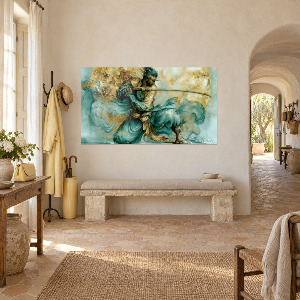 Wall art of a warrior whose sword cuts through the air, blue-green drapery and gold sash against an ochre moon, three-quarter view in a farmhouse