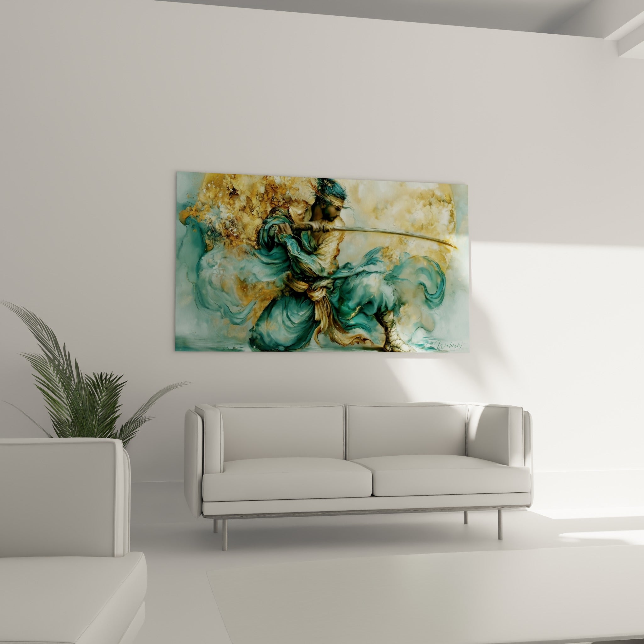 Lame de katana tendue par un Samouraï aux drapés turquoise, au-dessus d'un canapé dans un salon lumineux.
