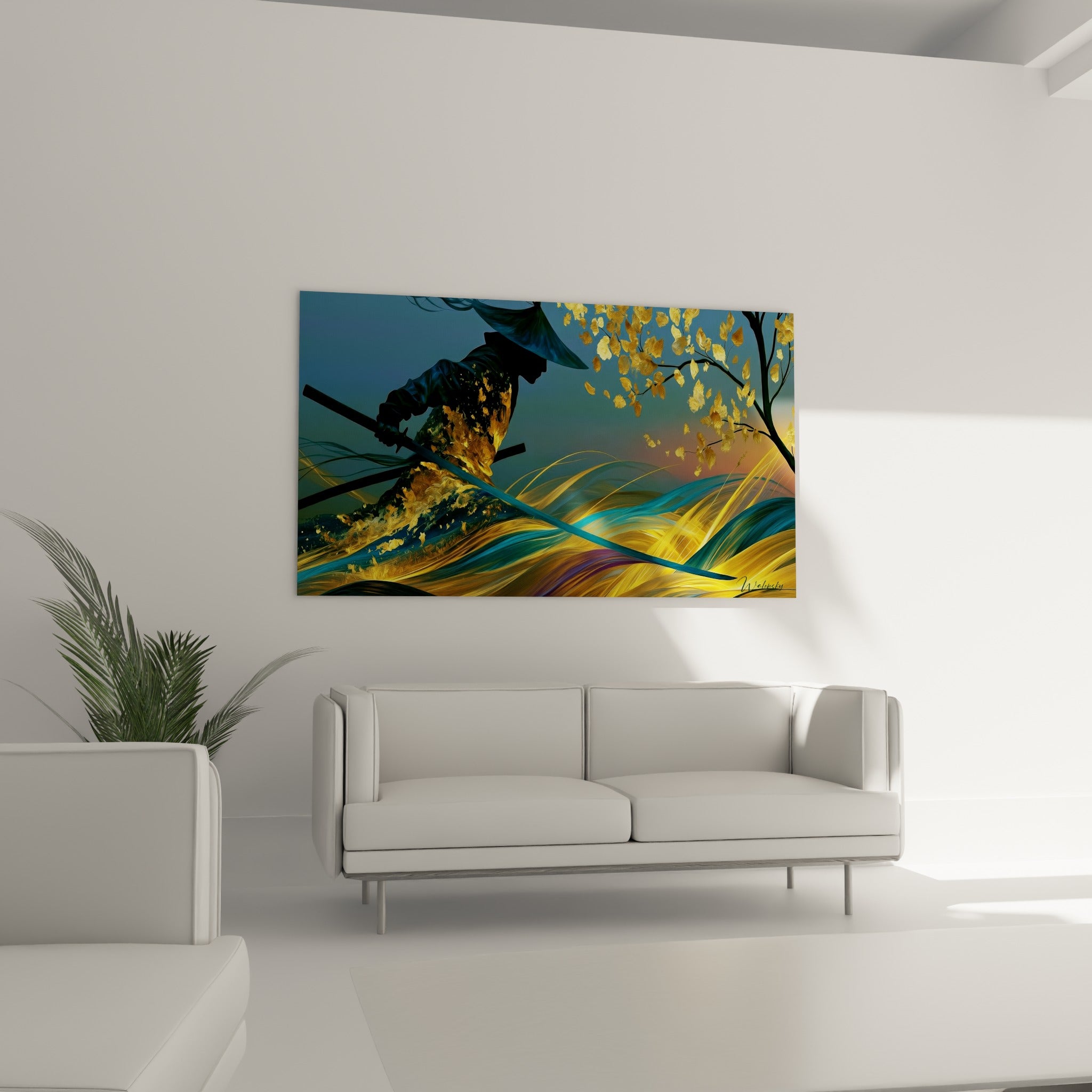 Lame de sabre traversant un feuillage ocre et bleu turquoise, au-dessus d'un canapé dans un salon lumineux