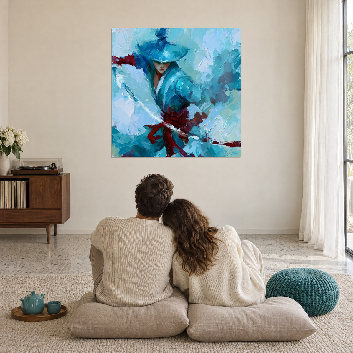 Tableau lame et kimono d'un guerrier en turquoise et blanc, rouge profond au centre, face à un couple assis sur des coussins