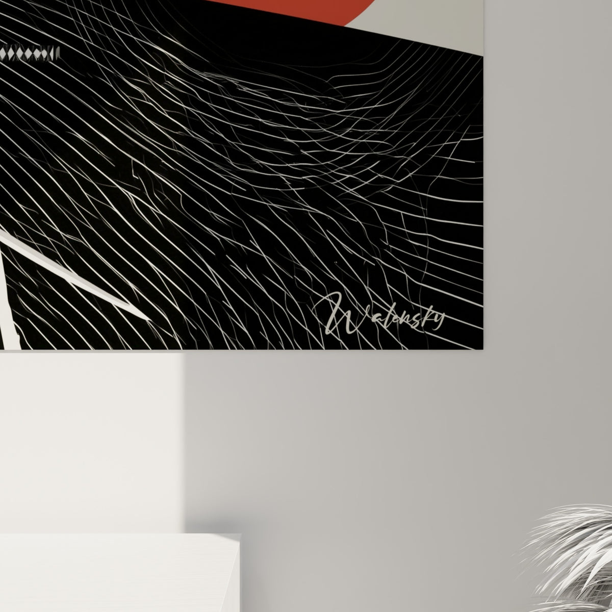 Détail des lignes courbes blanches et du rouge intense du soleil sur ce tableau Samouraï accroché.