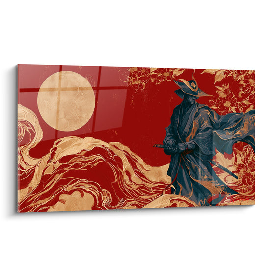 Samouraï en bleu nuit et ocre brandit un katana devant une lune dorée sur fond rouge