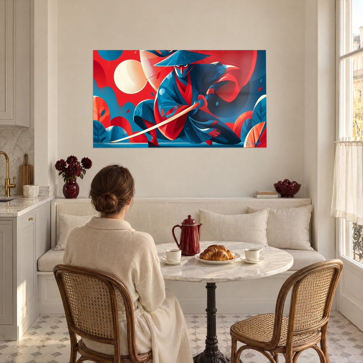 Tableau samouraï stylisé, sabre tendu, cape rouge flottante, disque lunaire crème, jeune femme de dos devant une table de petit-déjeuner