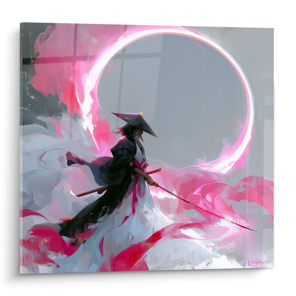 Tableau Guerrier noir et rose sous lune éclatante - Souffle du duel - Edition Samouraï