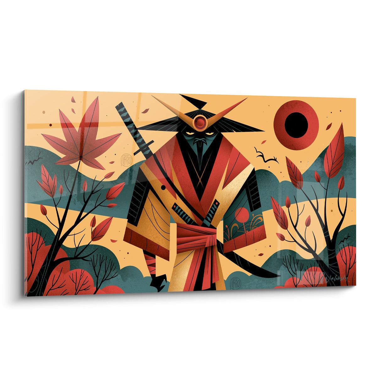 Samouraï au chapeau pointu noir, ceinture rouge et fond ocre, style graphique japonisant