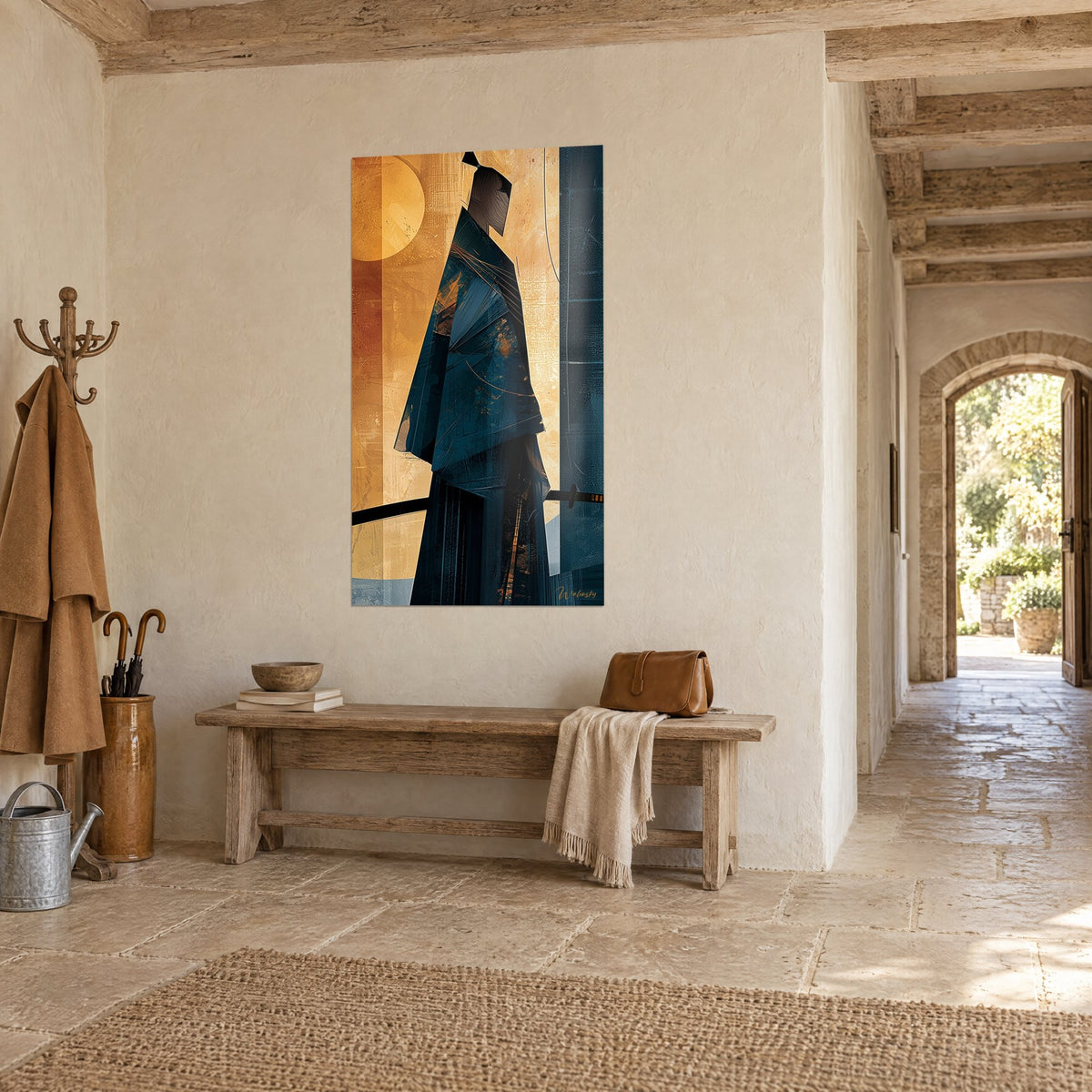 Wall art of an angular warrior silhouette in midnight blue and ochre, shown three-quarter view in the entrance of a stone house