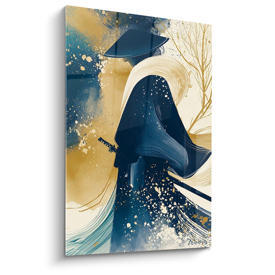 Tableau Guerrier chapeau conique bleu marine et doré au manteau tourbillonnant - Branches d'arbre dénudé - Edition Samouraï