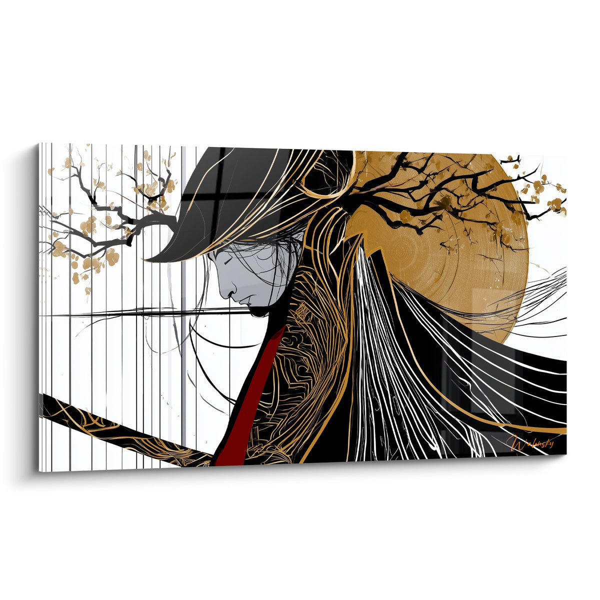 Samouraï au manteau noir et doré, profil incliné devant une lune terracotta et un cerisier