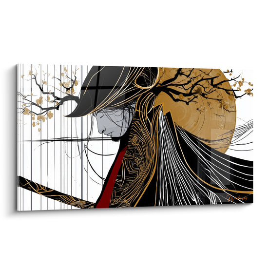 Samouraï au manteau noir et doré, profil incliné devant une lune terracotta et un cerisier