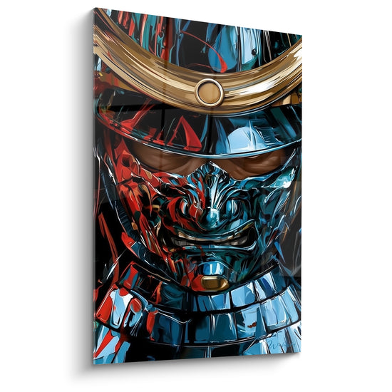 Masque de samouraï bleu métallique et rouge fauve, casque à bande dorée, regard dissimulé et intense
