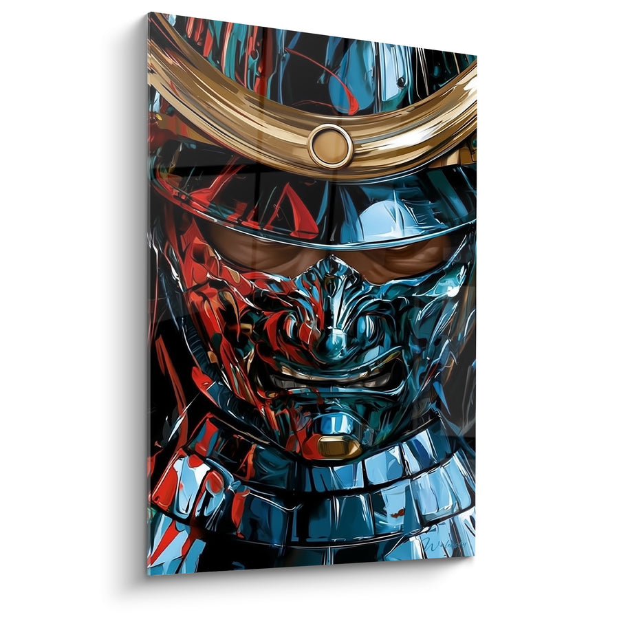 Tableau Masque bleu et rouge au front doré incurvé - Menton grimaçant métallique - Edition Samouraï