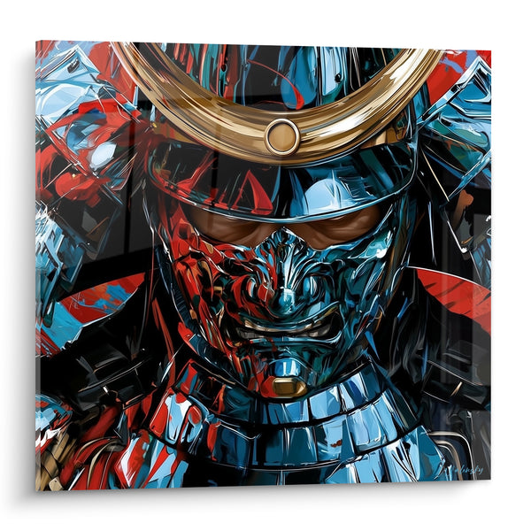 Tableau Masque de guerrier bleu et rouge doré - Avant la charge - Edition Samouraï