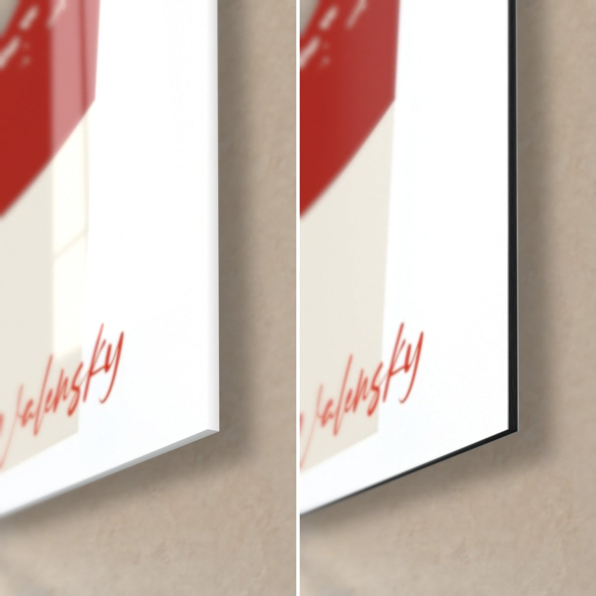 Gemälde Samurai in Rot, Elfenbein und Gold, untere rechte Ecke: glänzendes Acrylglas links, mattes Dibond-Aluminium rechts, 3 mm Kante