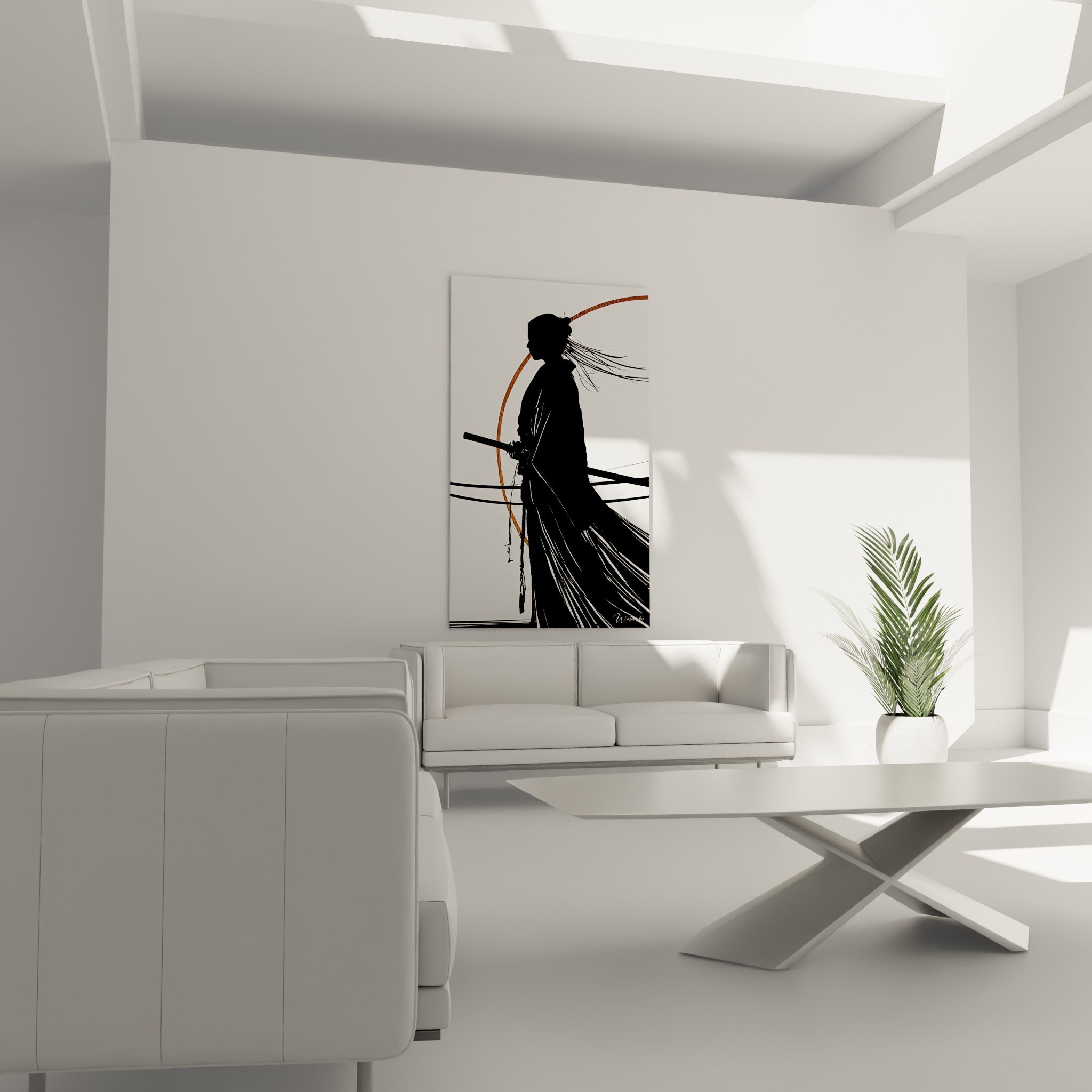 Samouraï silhouetté aux mèches noires dispersées, cercle cuivré en fond, au-dessus d'un canapé dans un salon lumineux