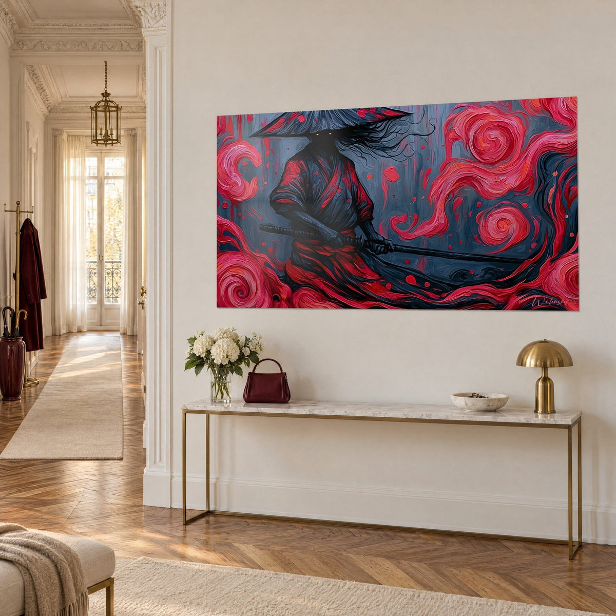 Gemälde dunkler Krieger mit bernsteinfarbenen Augen, lange schwarze fliegende Haare, karmesinrote Spiralen auf blaugrauem Grund, vergoldete Konsole und weiße Rose