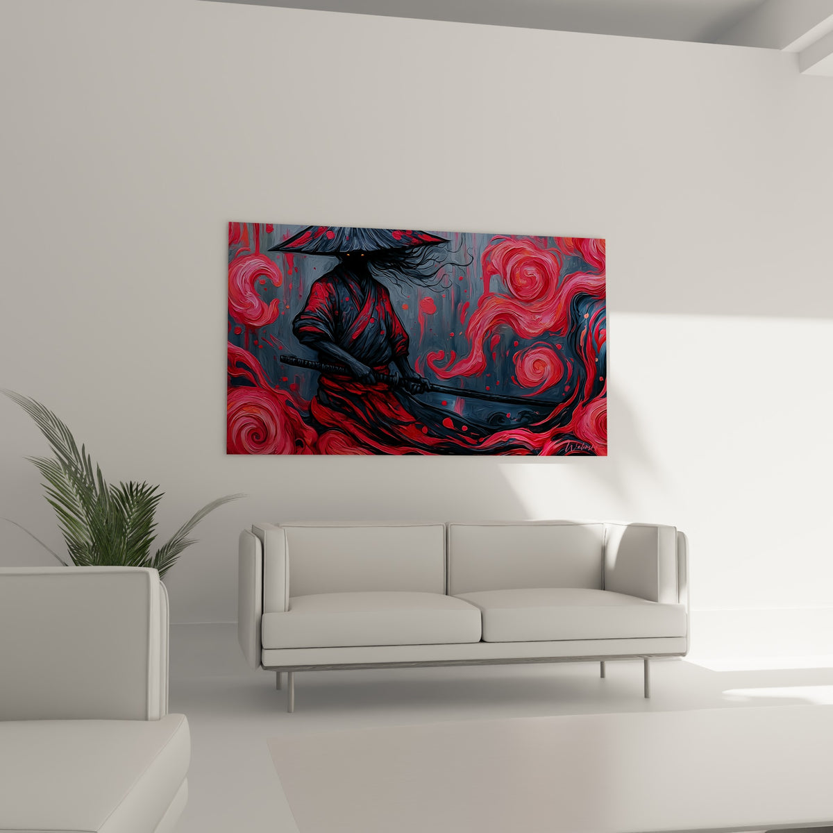 Guerrier japonais aux mèches noires et tourbillons roses, accroché au-dessus d'un canapé dans un salon lumineux.