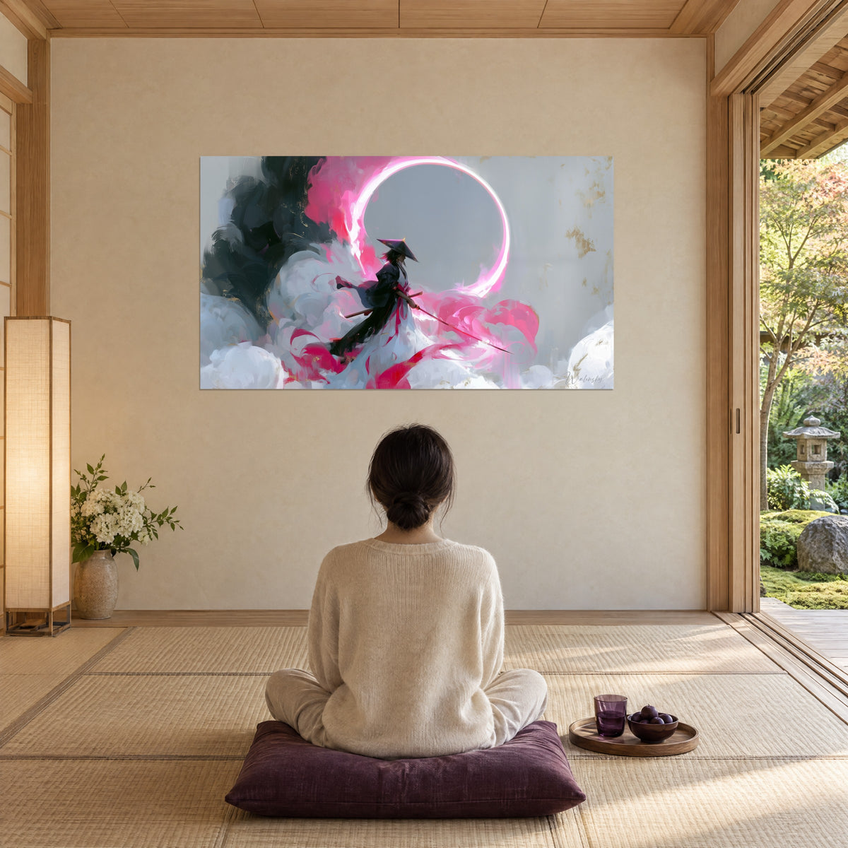 Cuadro de un resplandor circular rosa vivo y una espada escarlata sobre nubes blancas, frente a una persona sentada en postura de loto en un salón zen