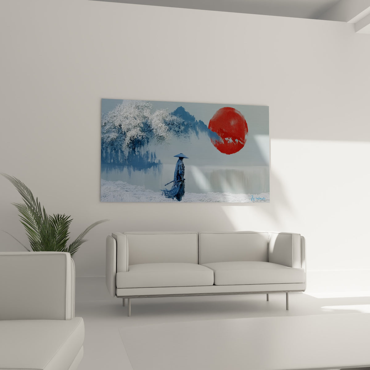 Silhouette du samouraï au chapeau conique face à un soleil écarlate, accroché au-dessus d'un canapé dans un salon lumineux