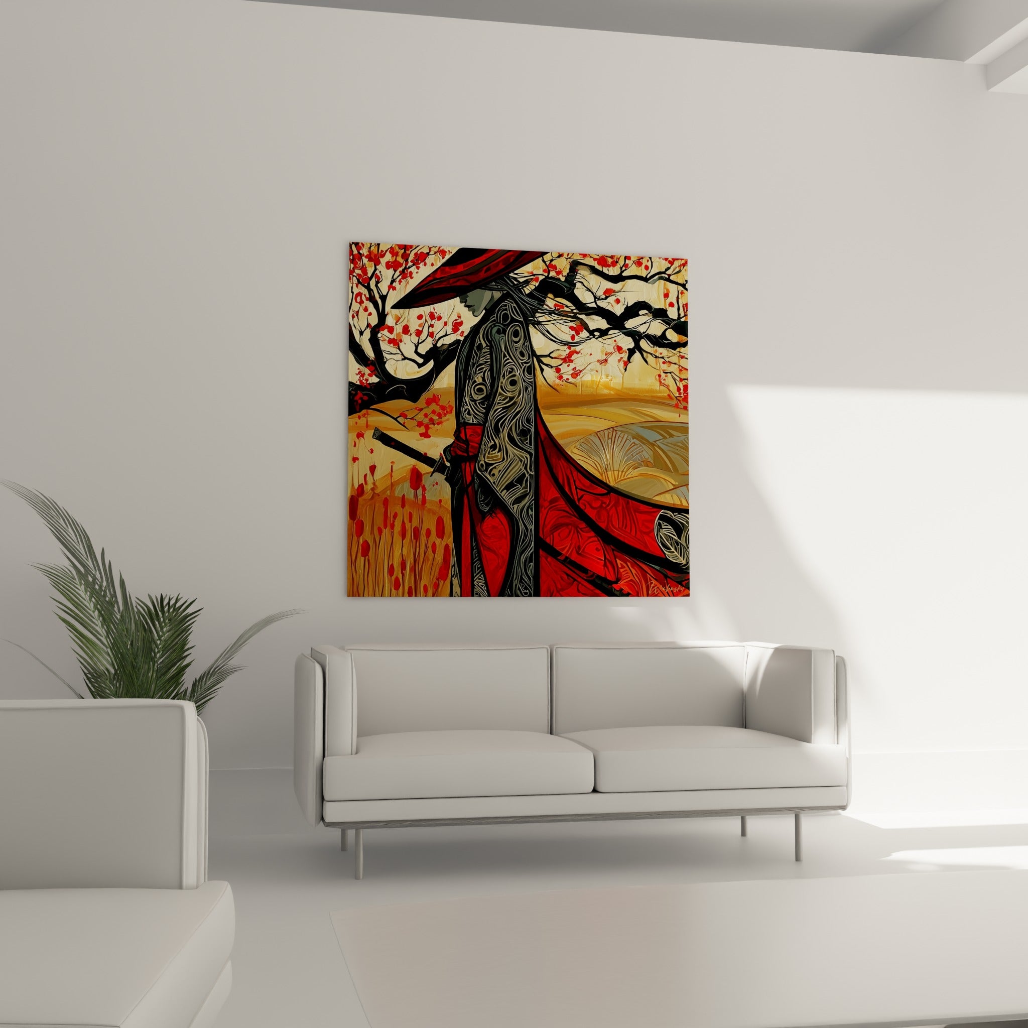 Figure de Samouraï vêtue de rouge ocre sous des branches noires, au-dessus d'un canapé dans un salon lumineux