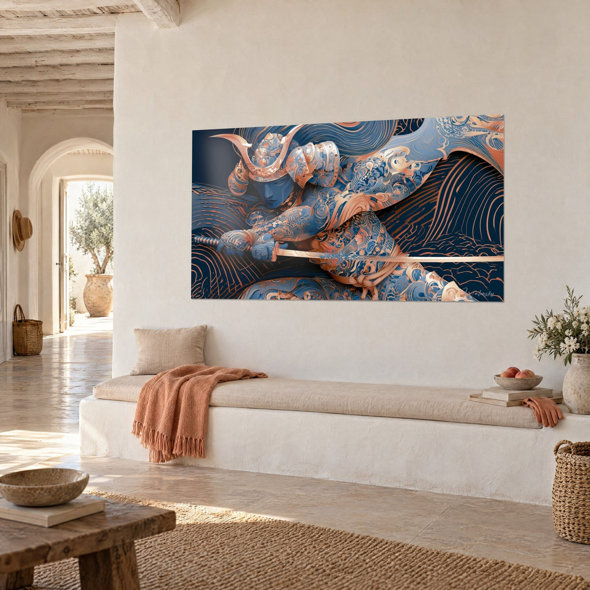 Quadro di guerriero con elmo in piena fenditura, katana di rame su sfondo blu notte, appeso sopra una panca in pietra chiara