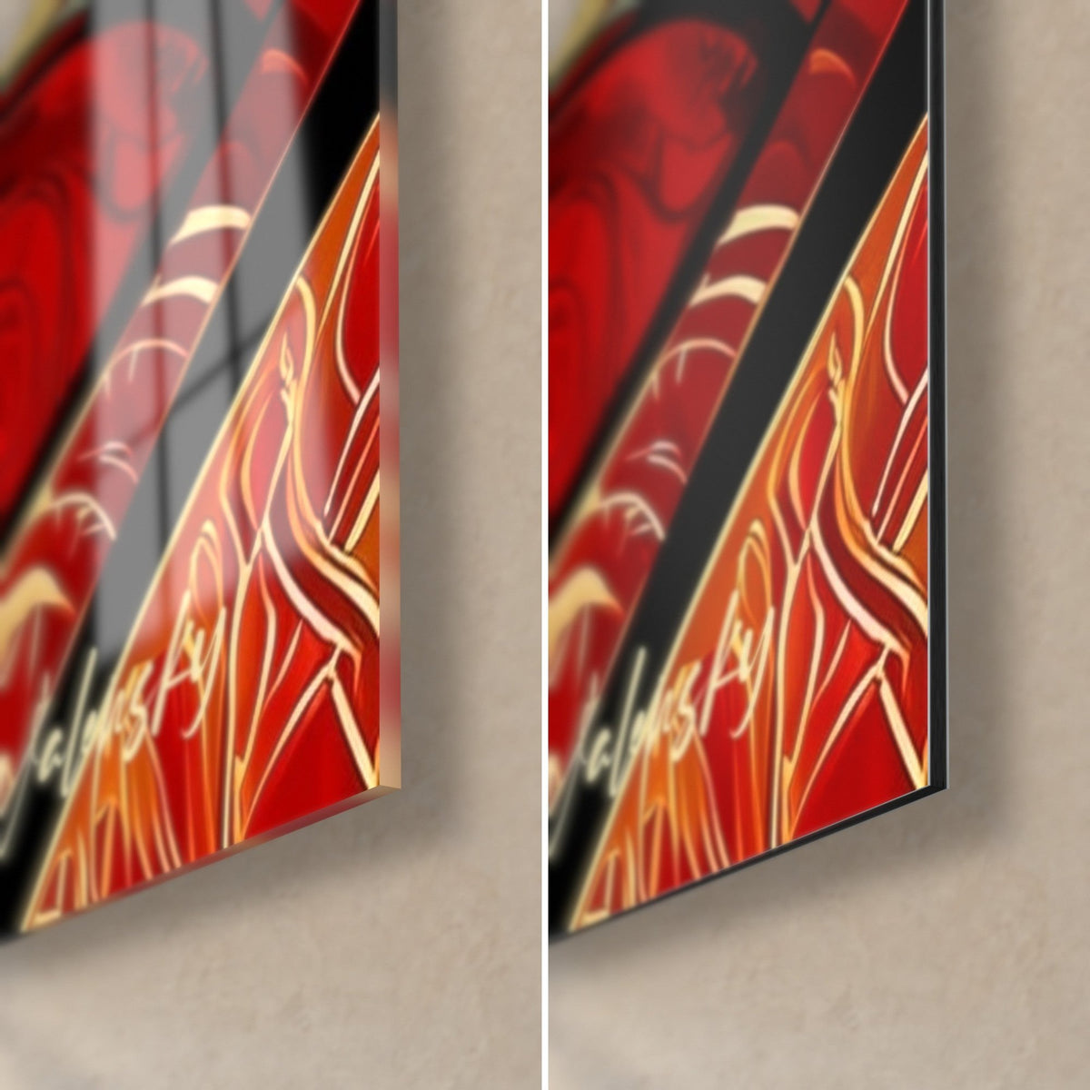 Gemälde Samurai-Silhouette in Rot und Schwarz, untere rechte Ecke: glänzendes Acrylglas links, matter Dibond-Aluminium rechts, 3 mm Kante