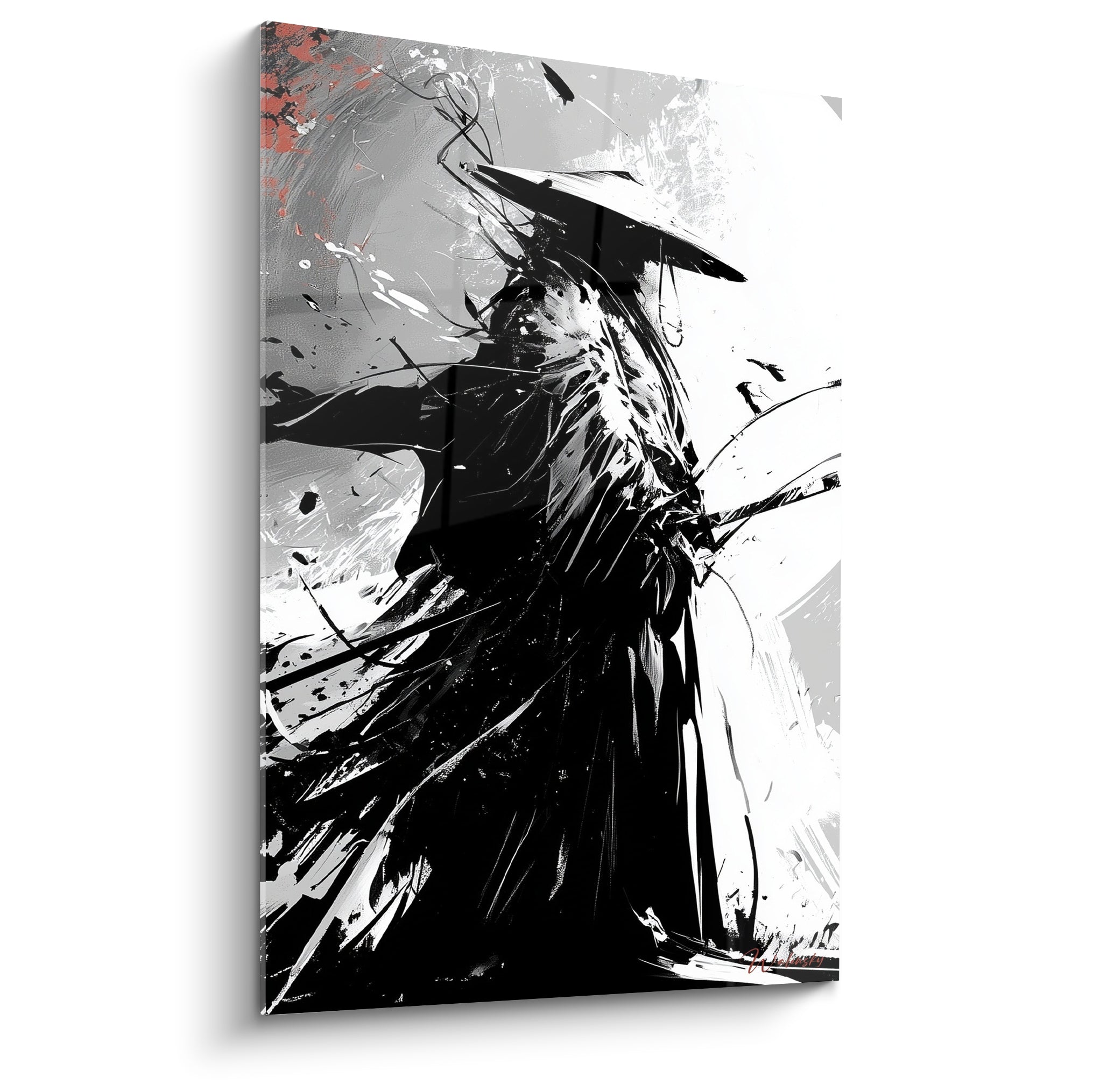 Samouraï en noir profond et blanc éclaboussé, chapeau conique, geste figé et fluide