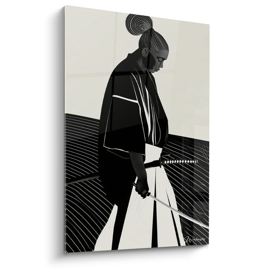 Tableau Guerrier noir et beige au chignon spiralé - Lignes gravées horizontales - Edition Samouraï