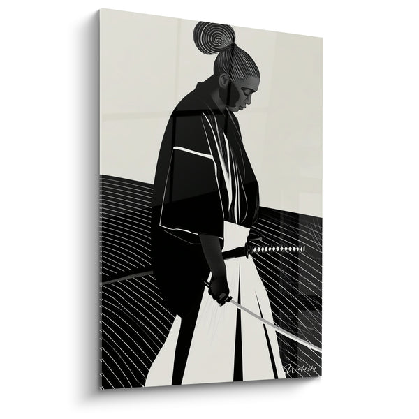 Tableau Guerrier noir et beige au chignon spiralé - Lignes gravées horizontales - Edition Samouraï