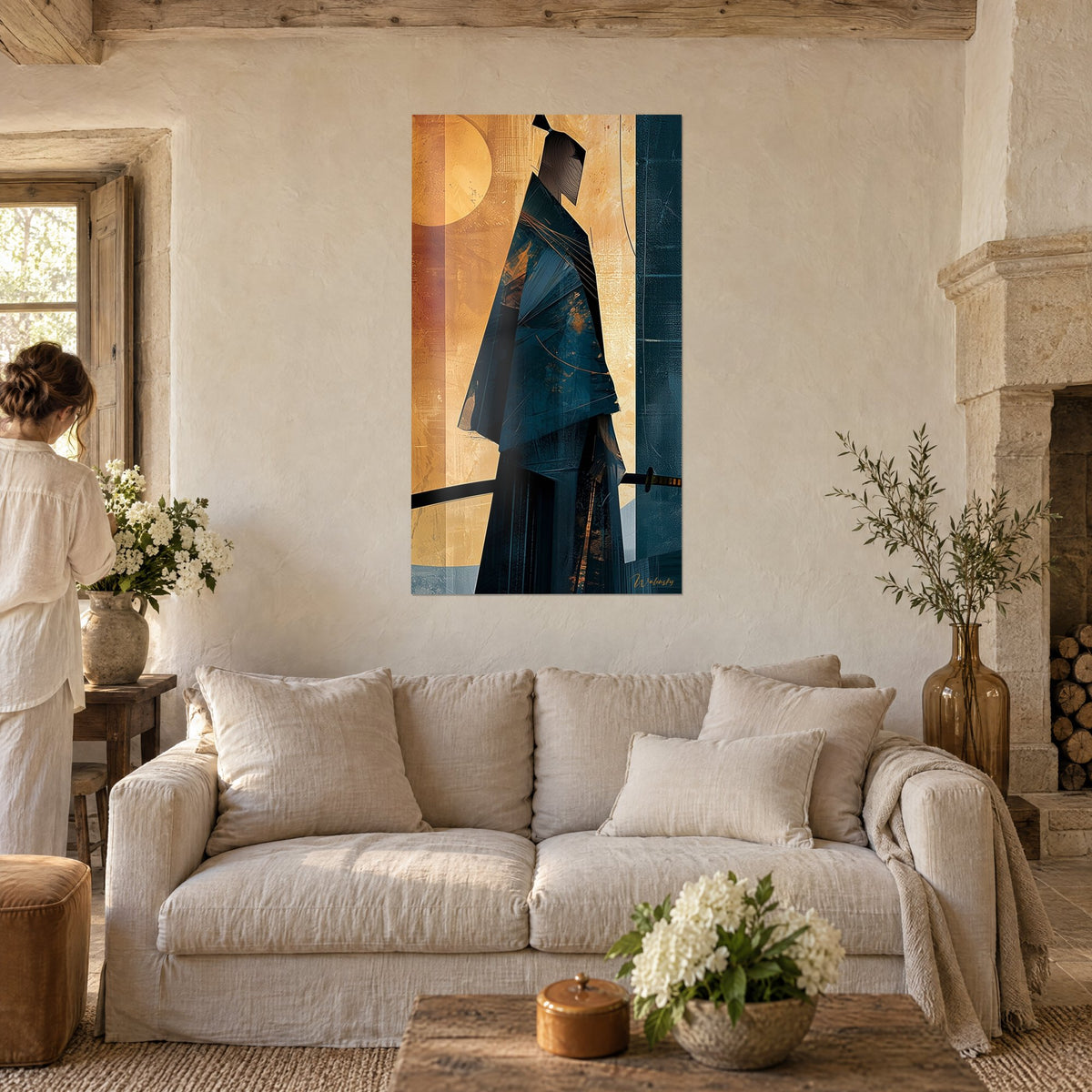 Wall art of a stylised samurai in a petrol blue coat under a golden ochre moon, above a sofa in a bright living room