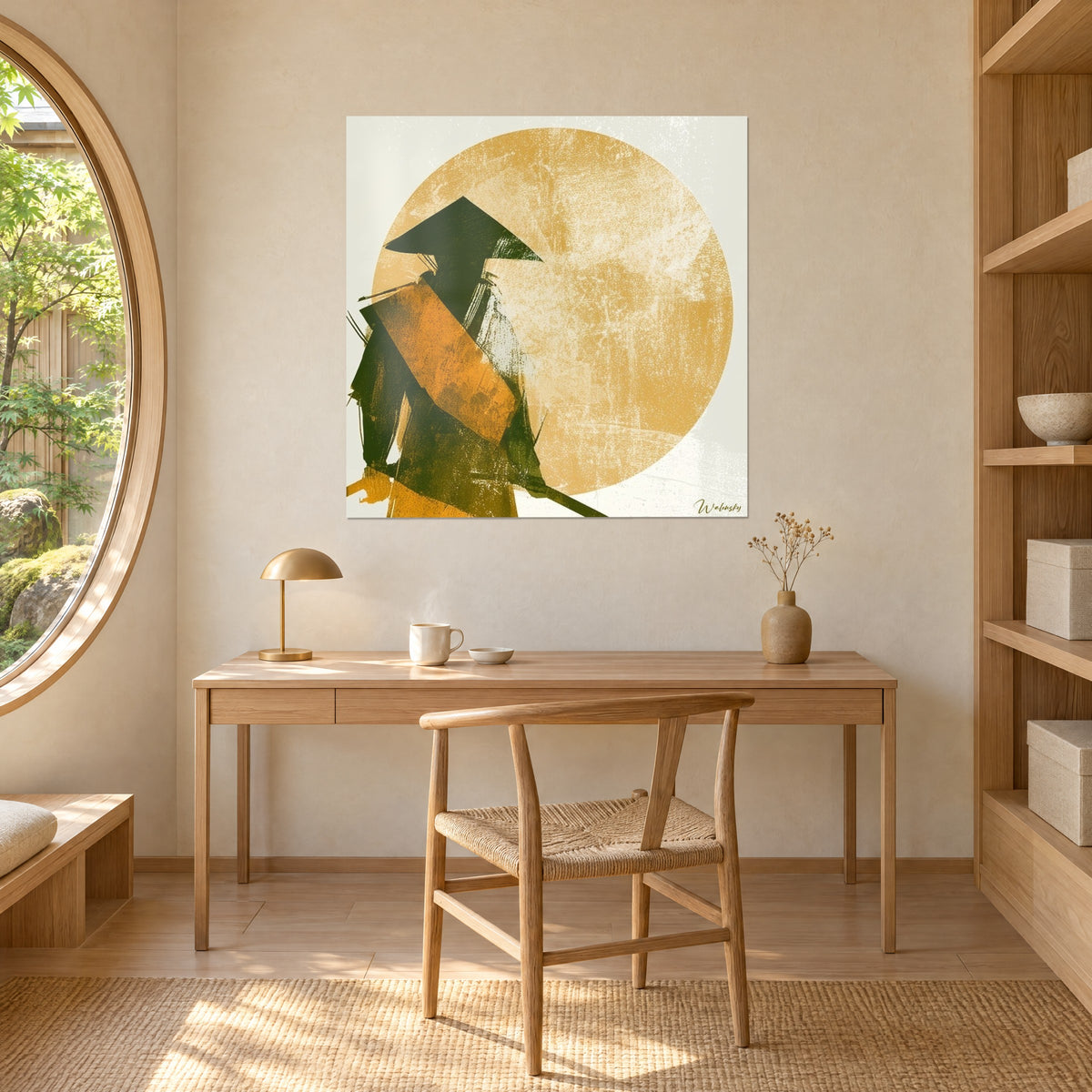 Tableau samouraï au chapeau pointu, épaule orange vif et fond crème, près d'un bureau en bois clair sous une fenêtre ronde, maison japandi