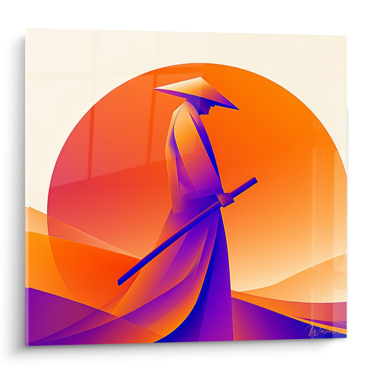 Samouraï en violet et orange marchant sabre en main devant un soleil flamboyant