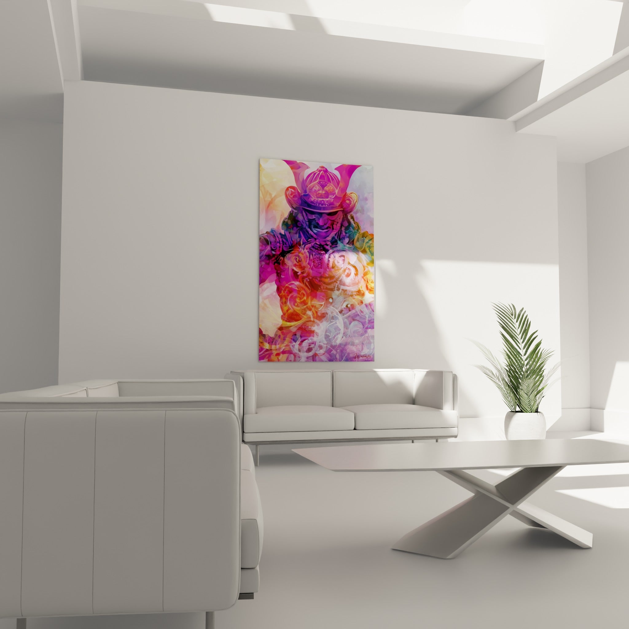 Silhouette de Samouraï orange et violet, armure détaillée, au-dessus d'un canapé dans un salon lumineux