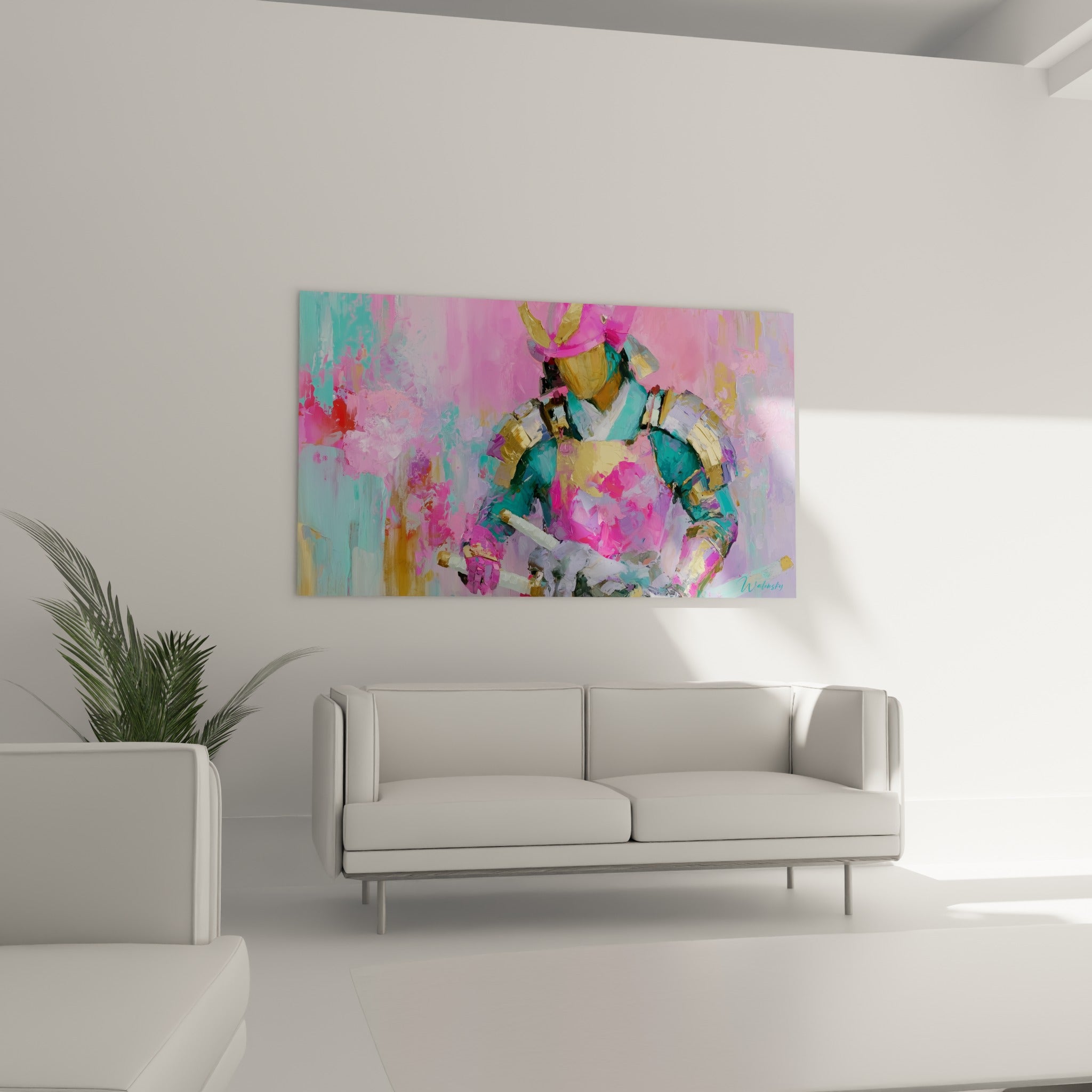 Figure de Samouraï turquoise et rose pastel, buste en armure dorée, au-dessus d'un canapé dans un salon lumineux