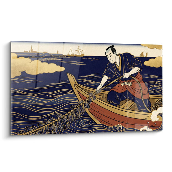 Schilderij Samurai Krieger op Mosselvisboot Blauw en Goud Ukiyo-e Stijl - Marine Gevecht - Mold Editie