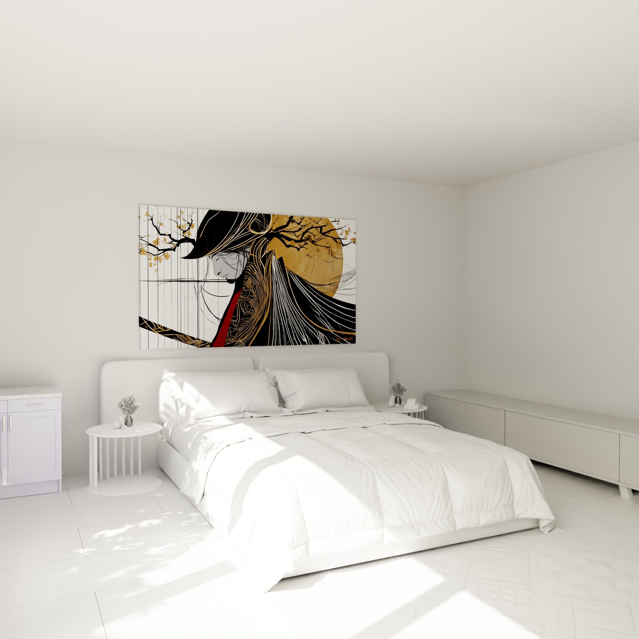 Guerrier japonais aux tons anthracite et cuivre, accroché au-dessus d'un lit dans une chambre claire