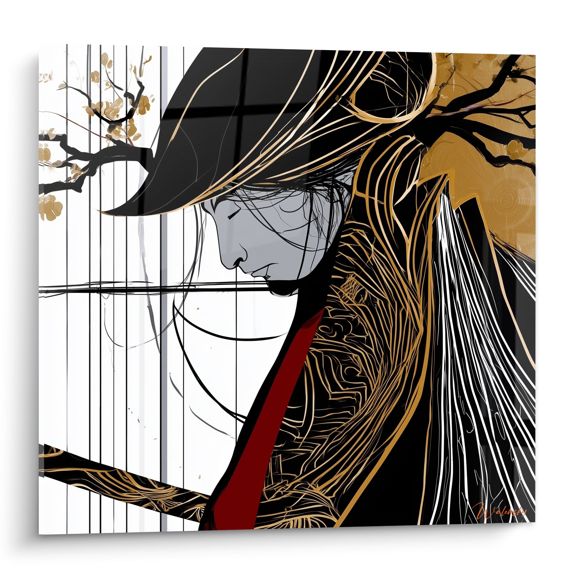 Samouraï au visage incliné, armure noire et dorée, branche fleurie sur fond blanc rayé