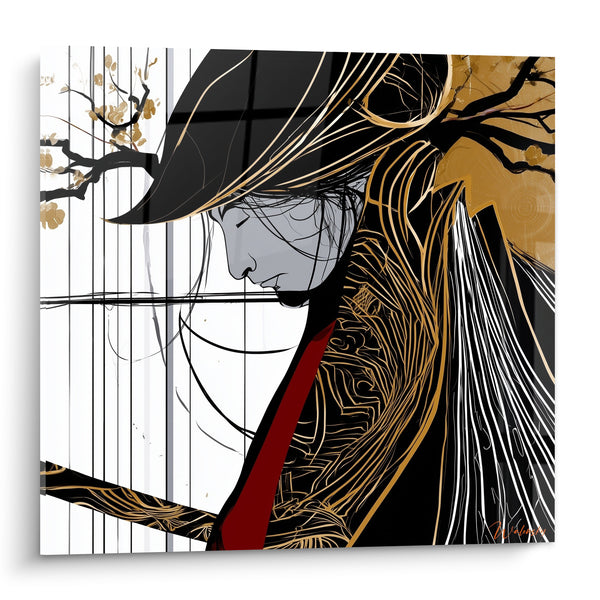 Tableau Samouraï au profil doré et rouge - Instant de méditation - Edition Samouraï