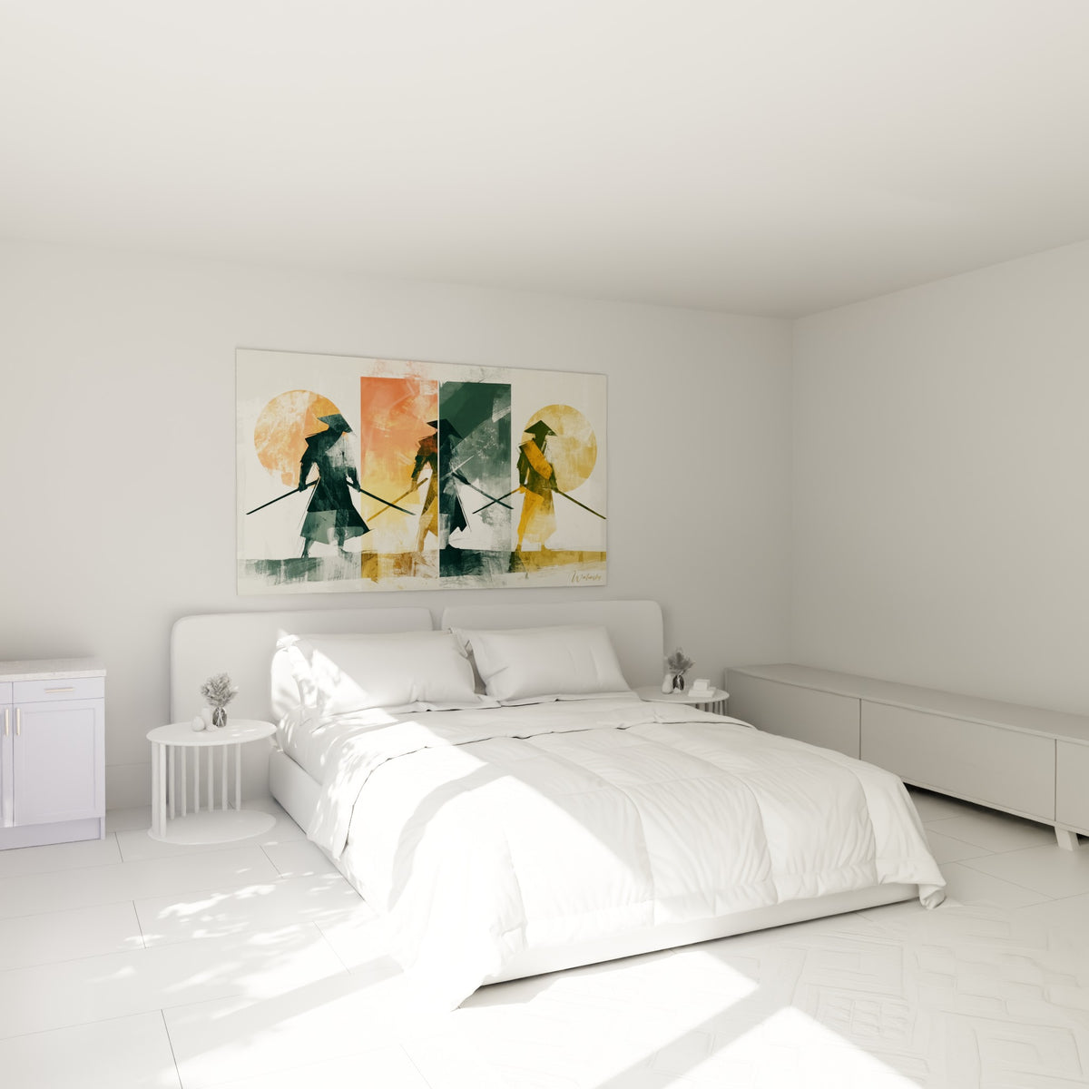 Samouraï anthracite et ocre traversant deux soleils, accroché au-dessus d'un lit dans une chambre claire