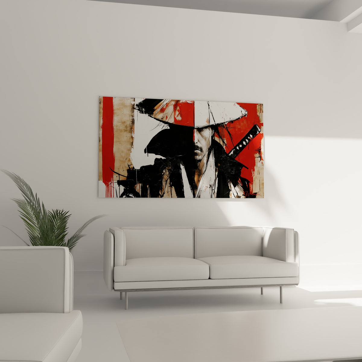 Portrait de samouraï en blanc et ocre, expression intense, disposé au-dessus d'un canapé dans un salon lumineux