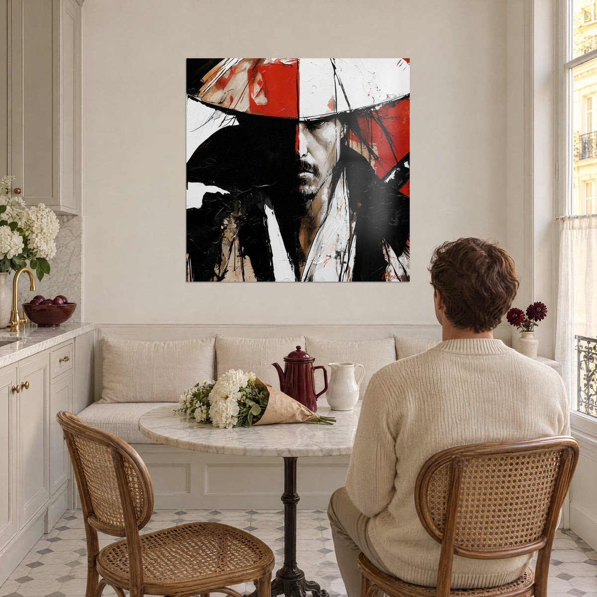 Wall art of a Japanese figure masked in shadow, scarlet and white conical hat, black knife strokes, facing a dining table