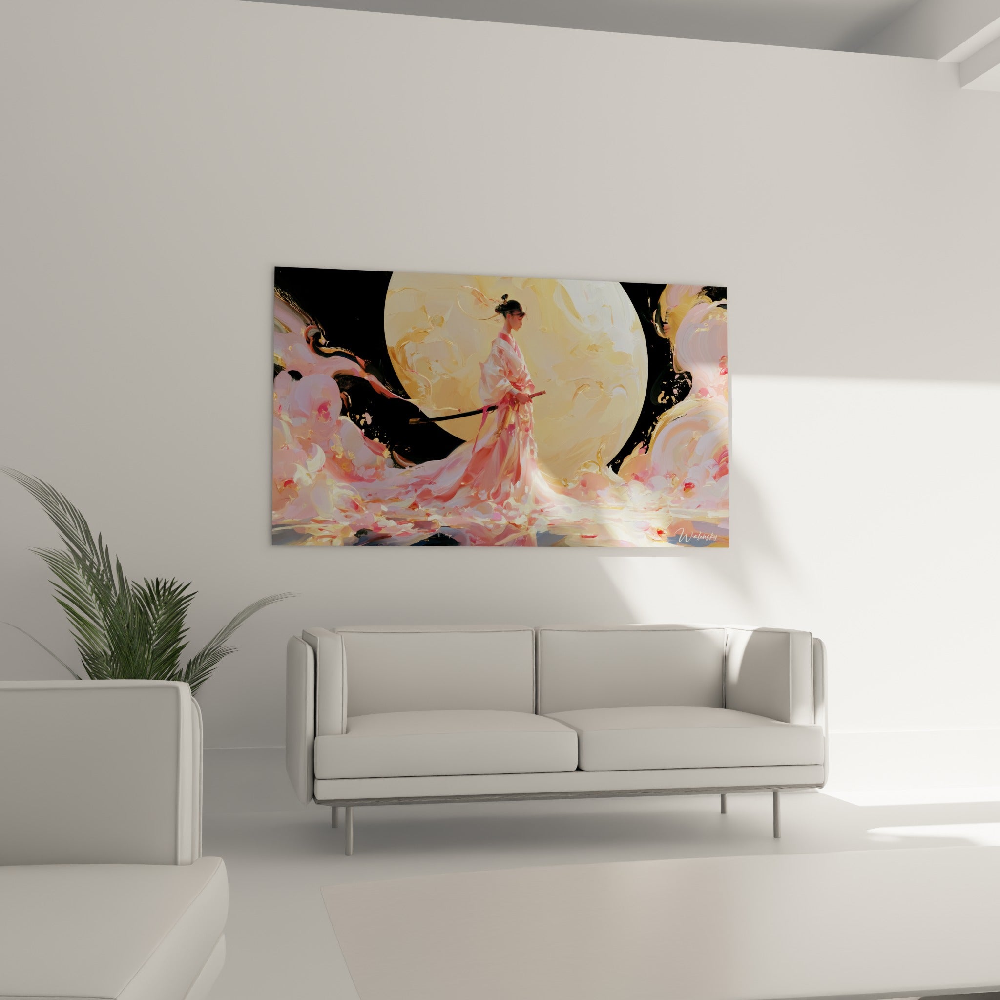 Figure de Samouraï en robe rose pastel devant la lune dorée, au-dessus d'un canapé dans un salon lumineux